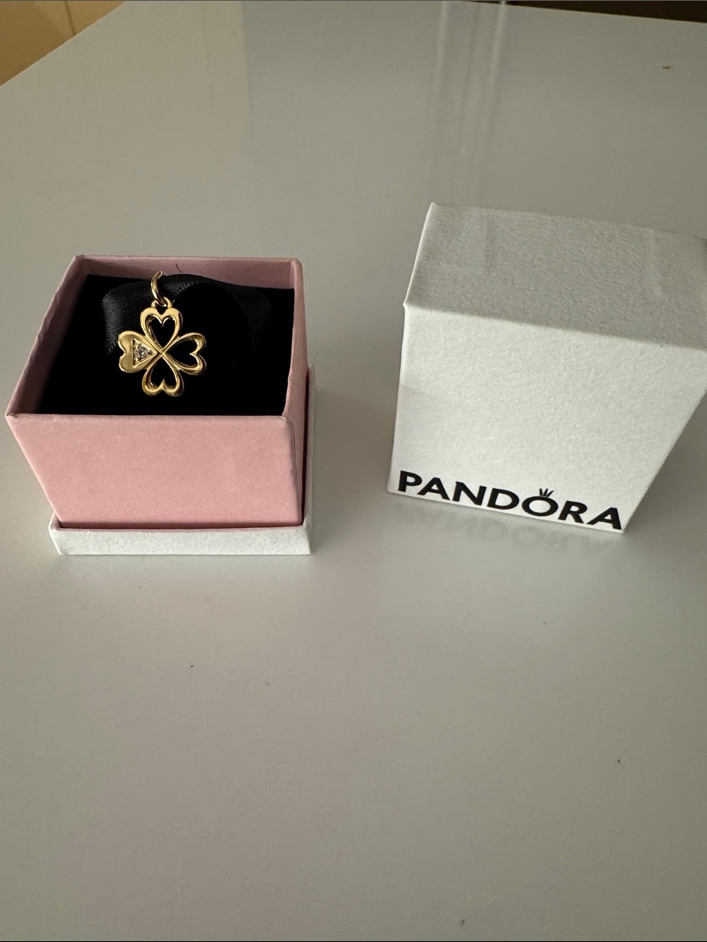 Pandora Gold Four-Leaf Clover Heart Pendant with Clear Stone